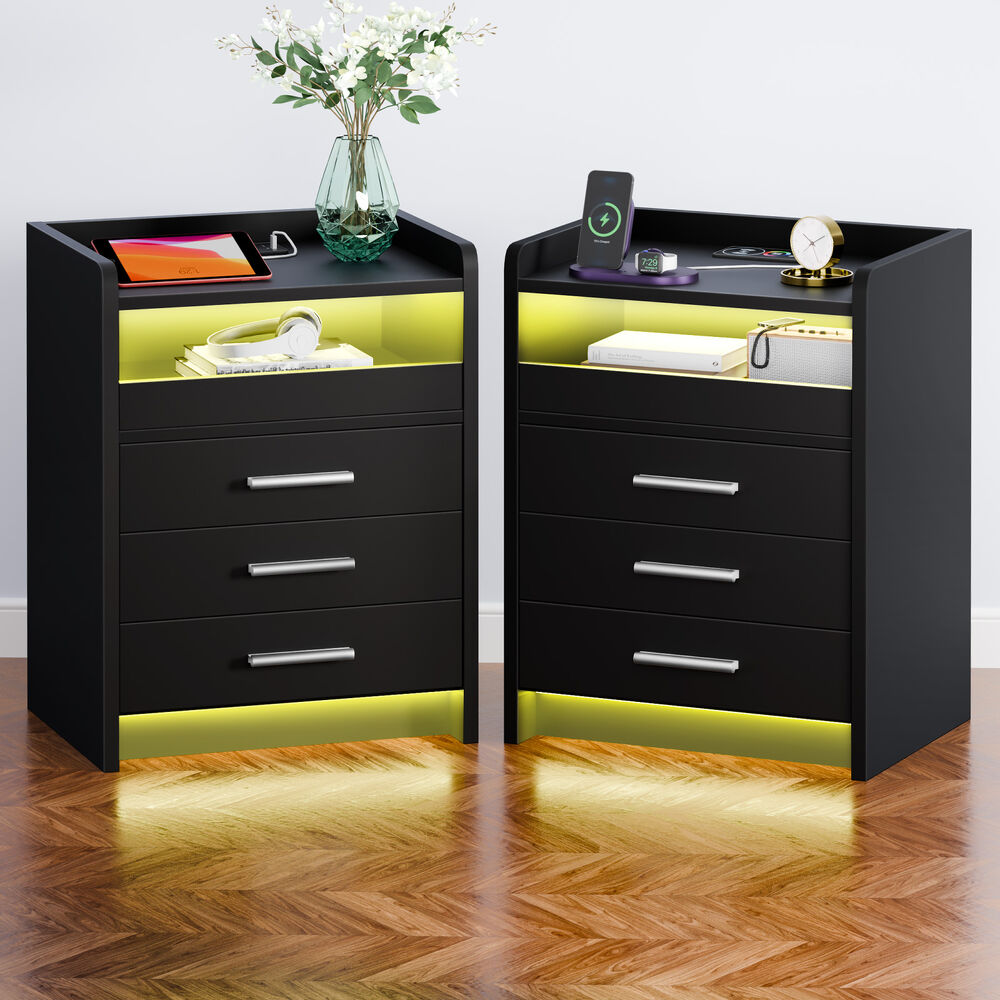 ALFORDSON 2x Bedside Table RGB LED 3 Drawers Charging Station Cabinet Black