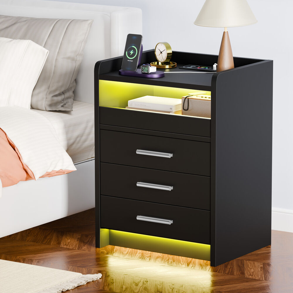 ALFORDSON Bedside Table RGB LED 3 Drawers Charging Station Cabinet Black
