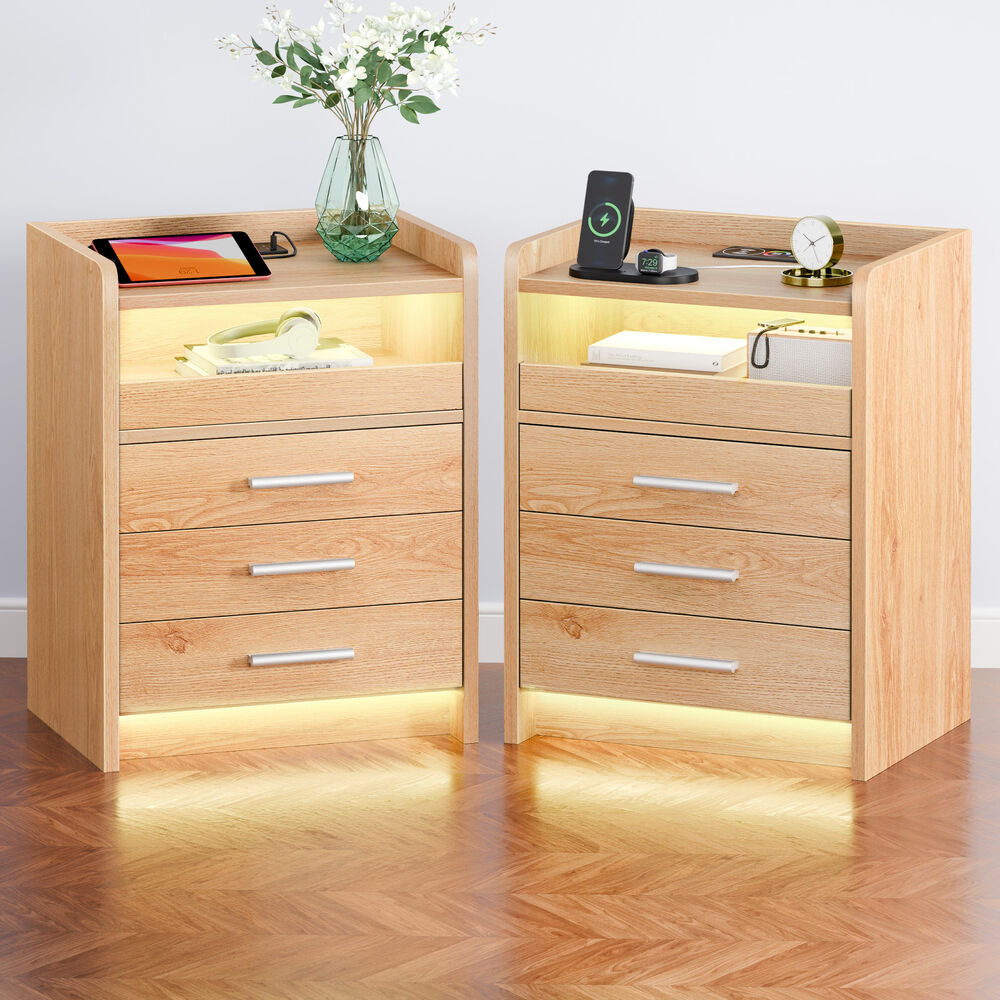 ALFORDSON 2x Bedside Table RGB LED 3 Drawers Charging Station Cabinet Wood