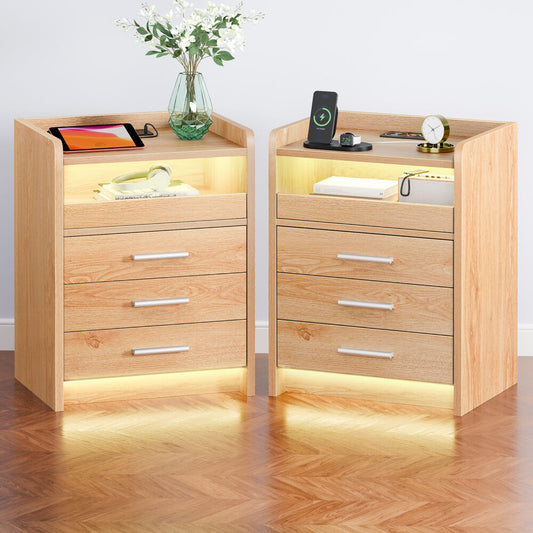 ALFORDSON 2x Bedside Table RGB LED 3 Drawers Charging Station Cabinet Wood