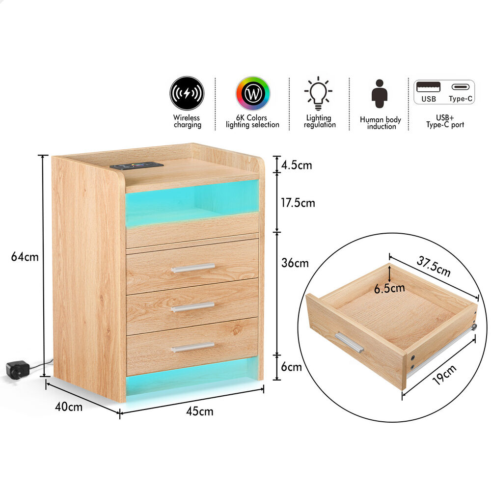 ALFORDSON 2x Bedside Table RGB LED 3 Drawers Charging Station Cabinet Wood