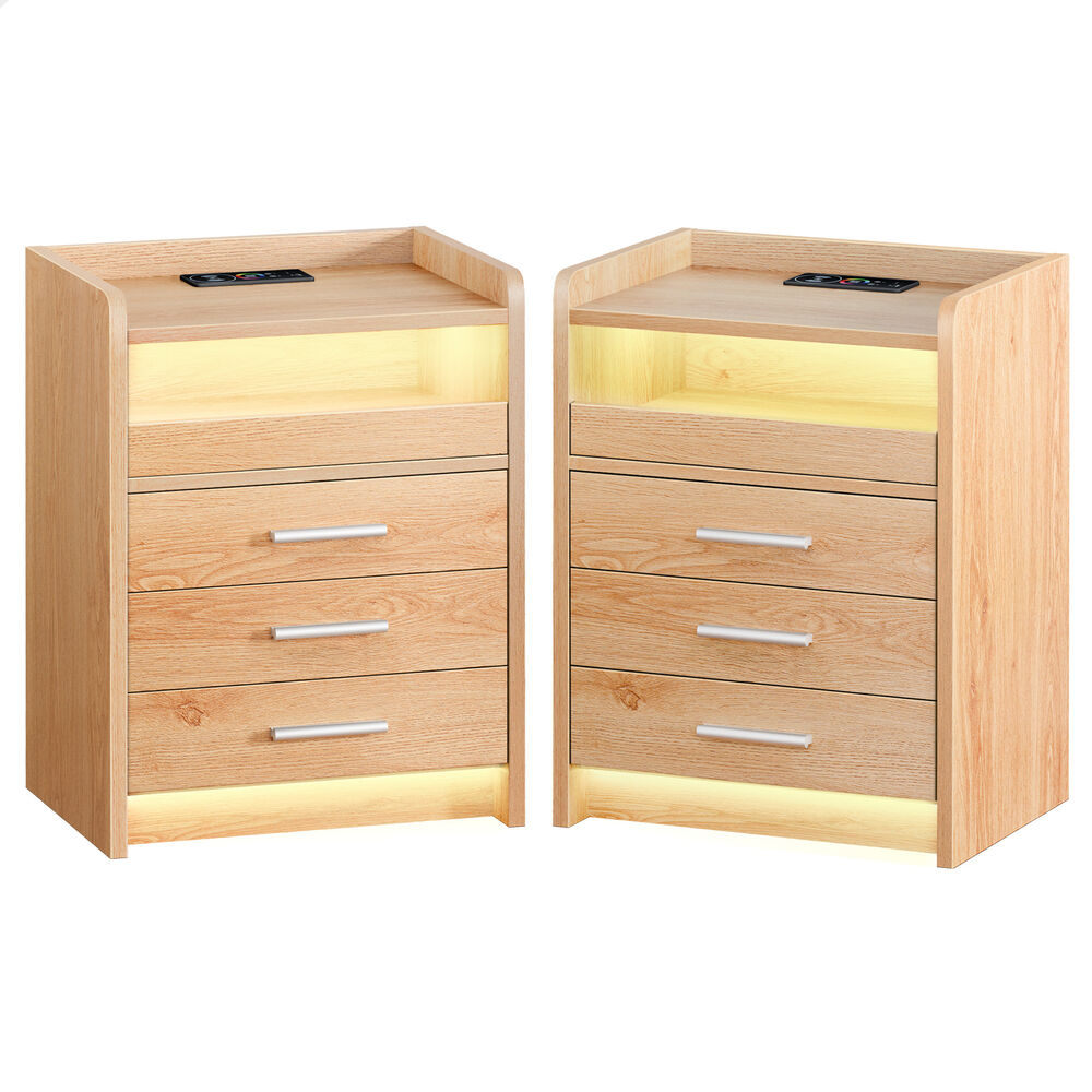 ALFORDSON 2x Bedside Table RGB LED 3 Drawers Charging Station Cabinet Wood
