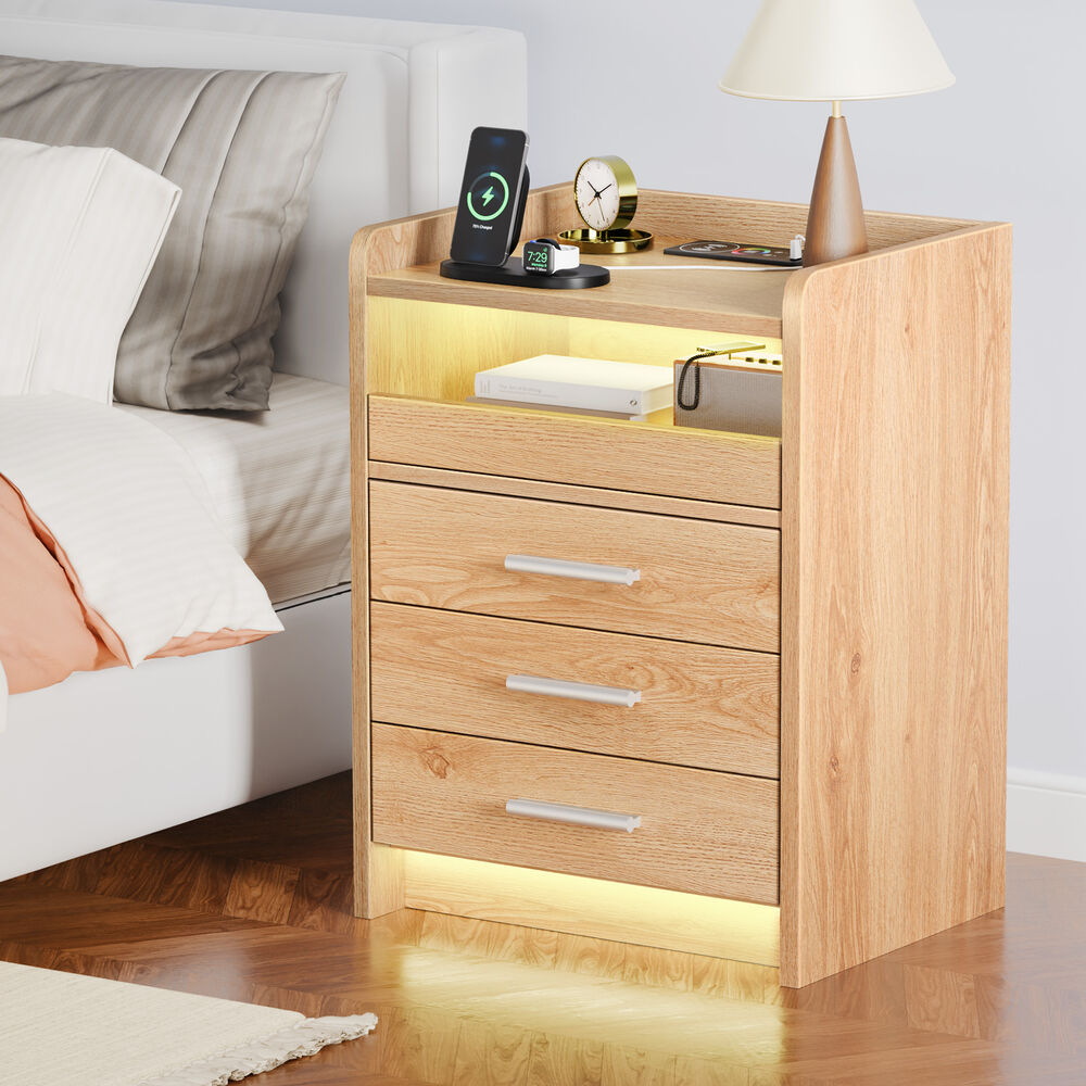 ALFORDSON Bedside Table RGB LED 3 Drawers Charging Station Cabinet Wood