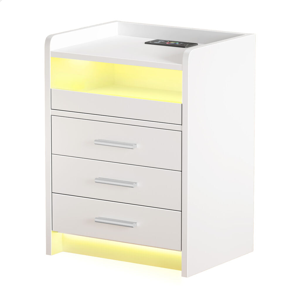 ALFORDSON Bedside Table RGB LED 3 Drawers Charging Station Cabinet White