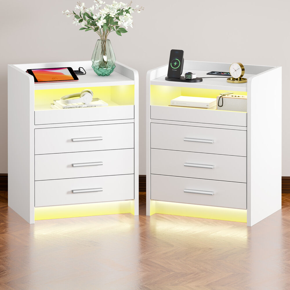 ALFORDSON 2x Bedside Table RGB LED 3 Drawers Charging Station Cabinet White