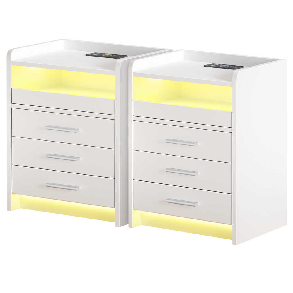 ALFORDSON 2x Bedside Table RGB LED 3 Drawers Charging Station Cabinet White