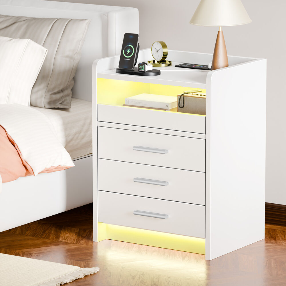 ALFORDSON Bedside Table RGB LED 3 Drawers Charging Station Cabinet White