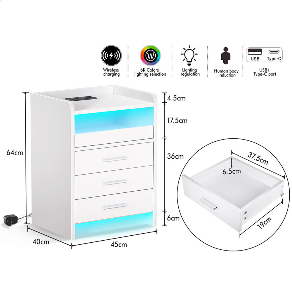 ALFORDSON Bedside Table RGB LED 3 Drawers Charging Station Cabinet White