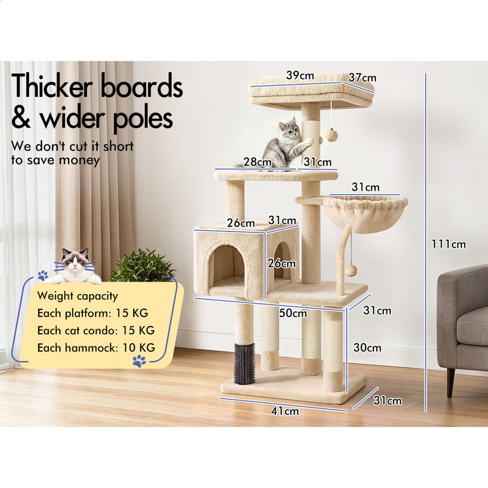 BEASTIE Cat Tree Tower 111cm Scratching Post House Furniture Beige