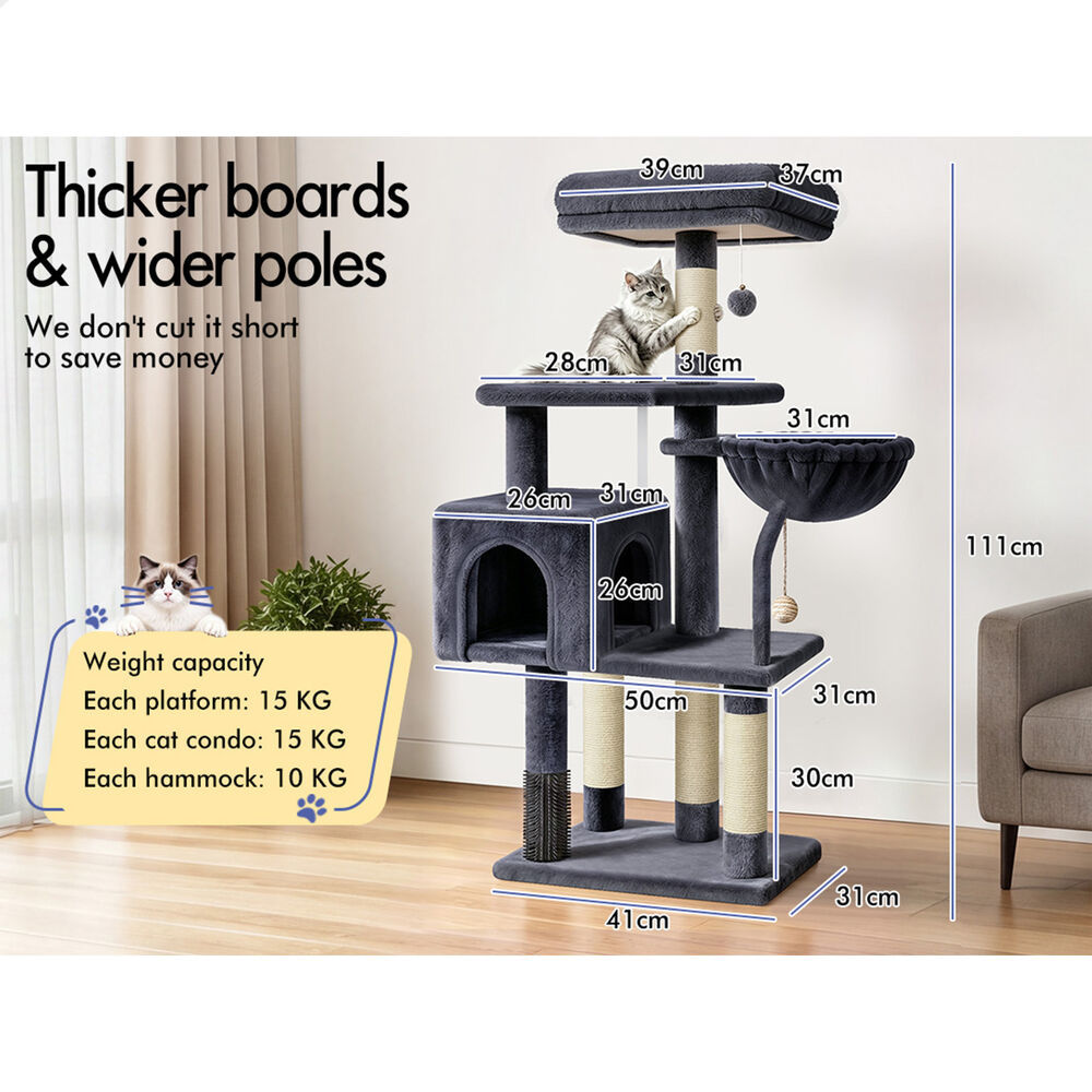 BEASTIE 111cm Cat Tree Tower Scratching Post Condo House Grey