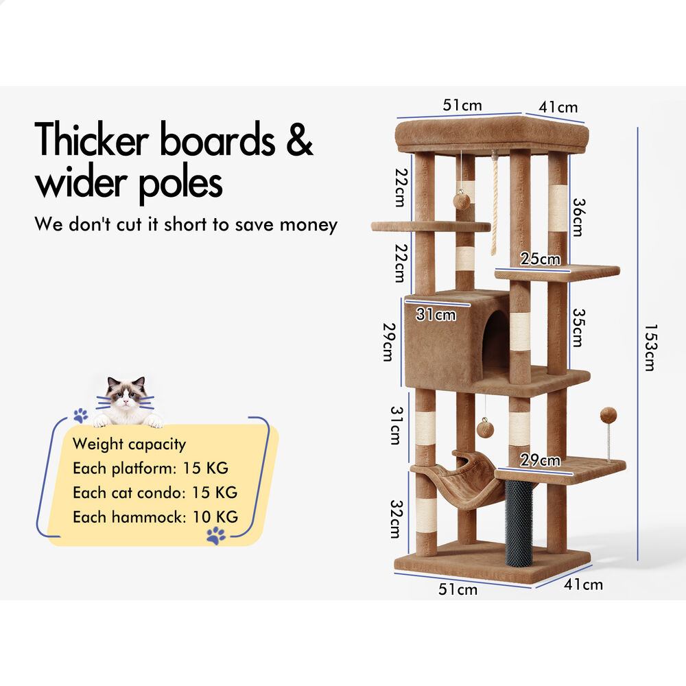 BEASTIE Cat Tree Tower 153cm Scratching Post Scratcher Light Brown