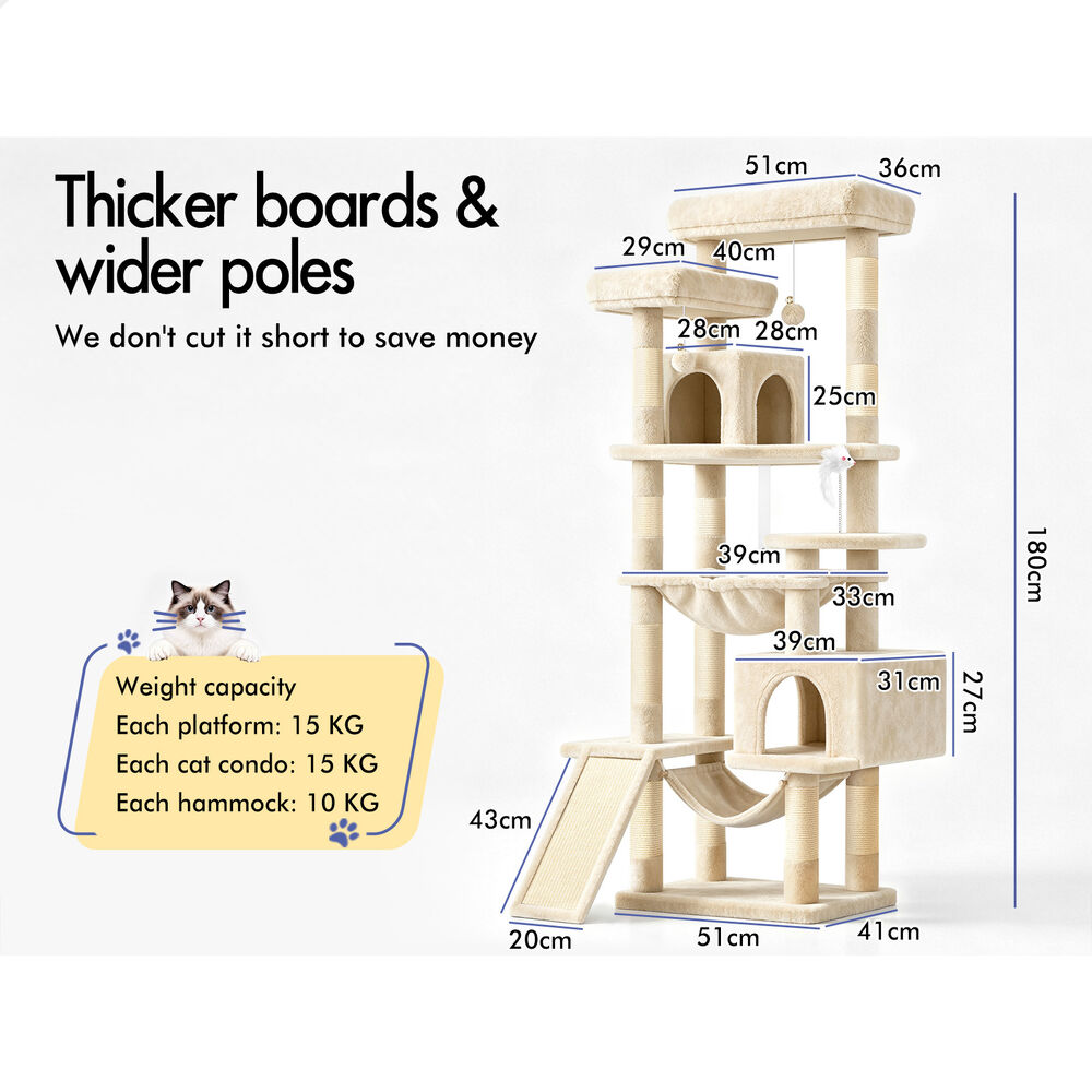 BEASTIE Cat Tree Scratcher Tower Scratching Post Condo Beige 180cm