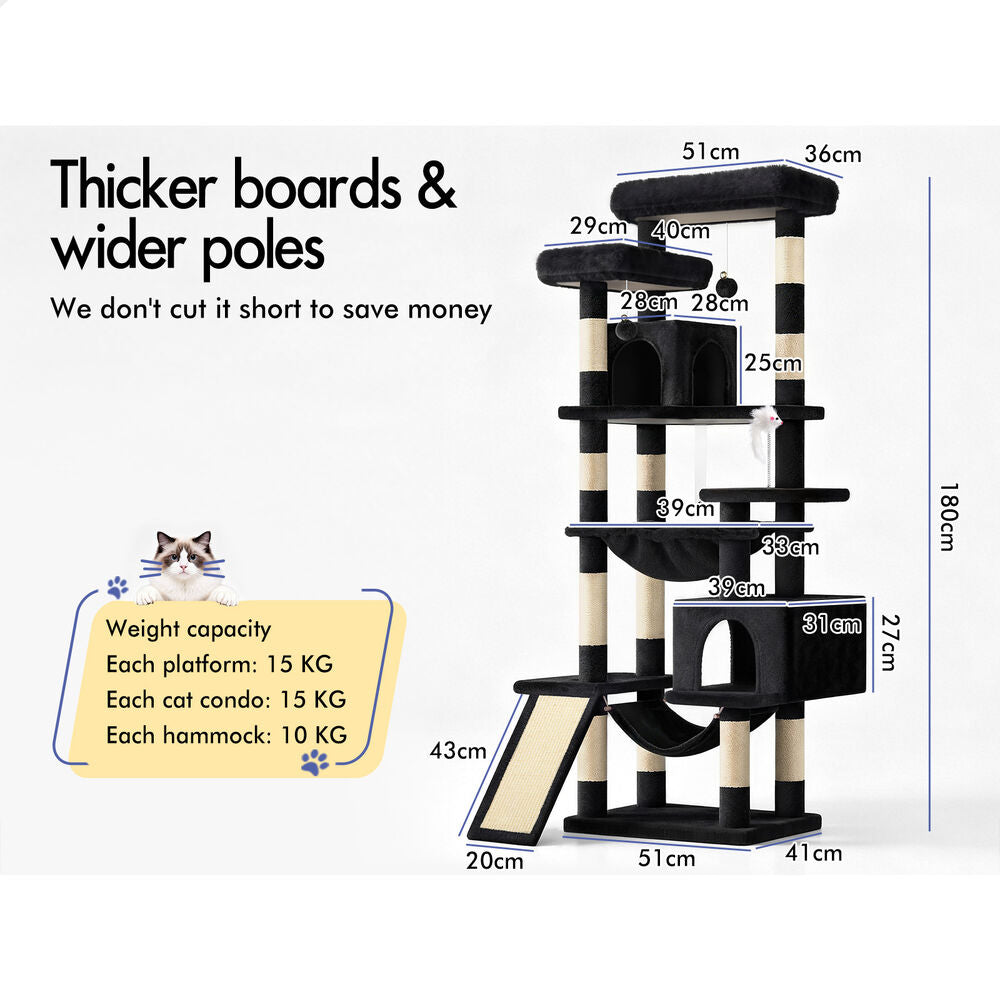 BEASTIE Cat Tree Scratching Post Tower 180cm Scratcher Condo Black