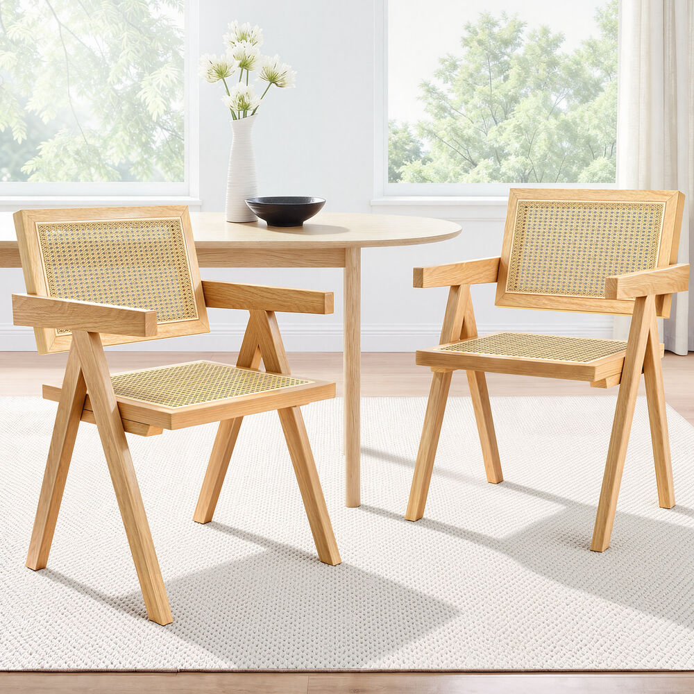 ALFORDSON 2x Dining Chairs Rattan Wooden Accent Armchair Lounge Rubber Wood Oak