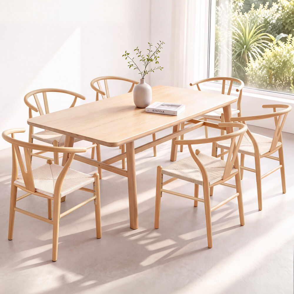 ALFORDSON 6x Dining Chairs Wooden Wishbone Back Lounge Seat Armchair Natural Oak