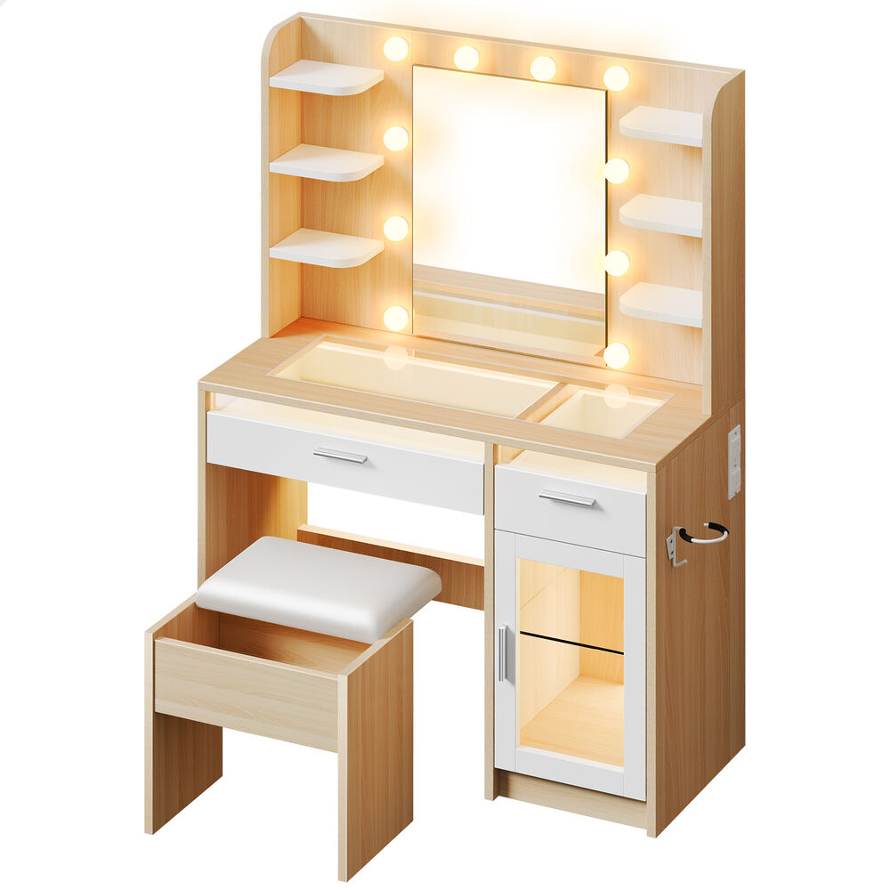 ALFORDSON Dressing Table Stool Set Vanity Desk RGB Light Charging Station Wood