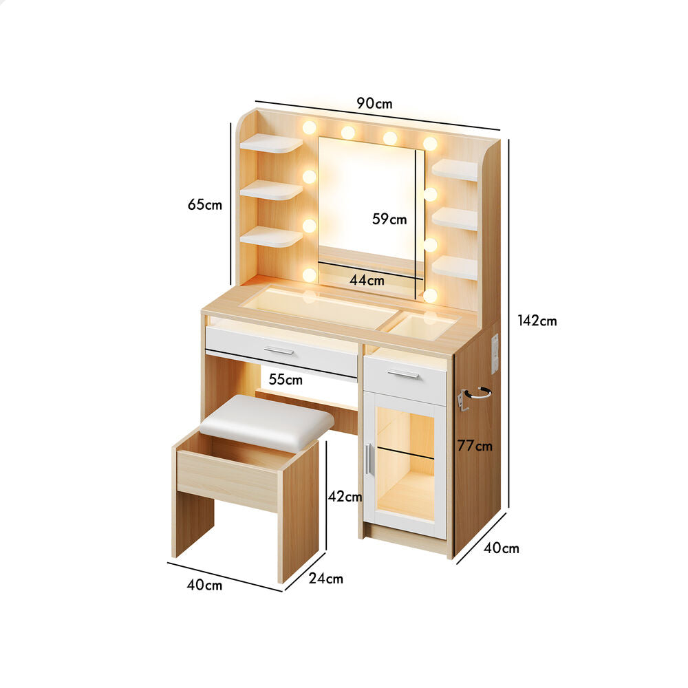 ALFORDSON Dressing Table Stool Set Vanity Desk RGB Light Charging Station Wood