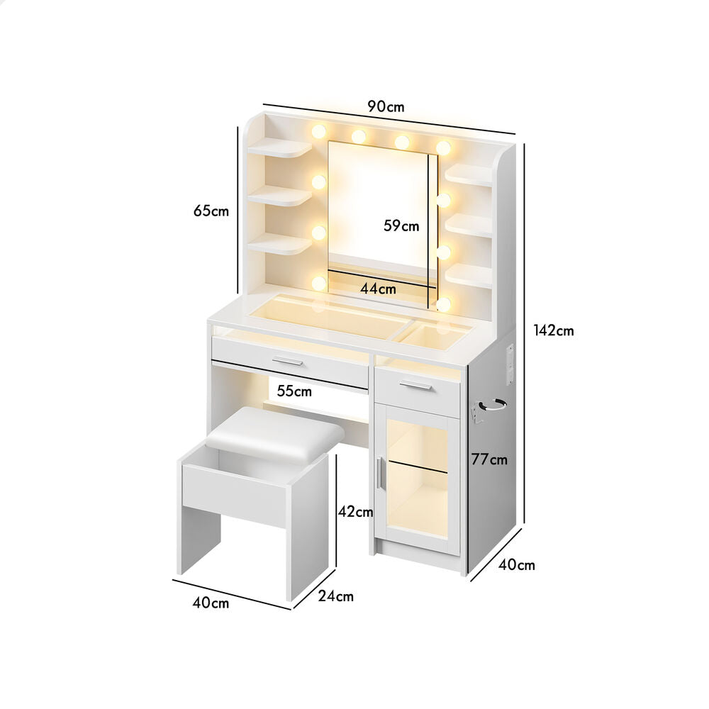 ALFORDSON Dressing Table Stool Set Vanity Desk RGB Light Charging Station White