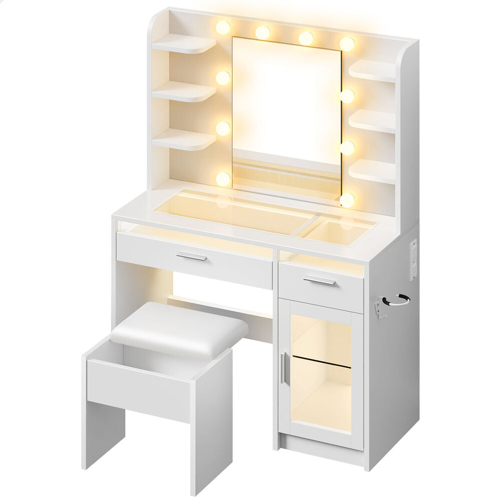 ALFORDSON Dressing Table Stool Set Vanity Desk RGB Light Charging Station White