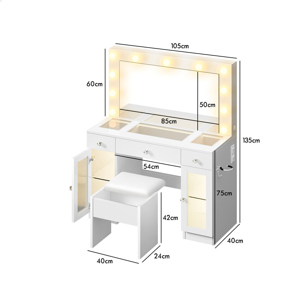 ALFORDSON Dressing Table Stool Set Vanity Desk RGB Light Charging Station Mirror