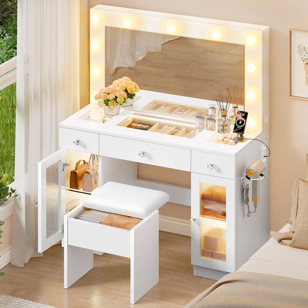 ALFORDSON Dressing Table Stool Set Vanity Desk RGB Light Charging Station Mirror