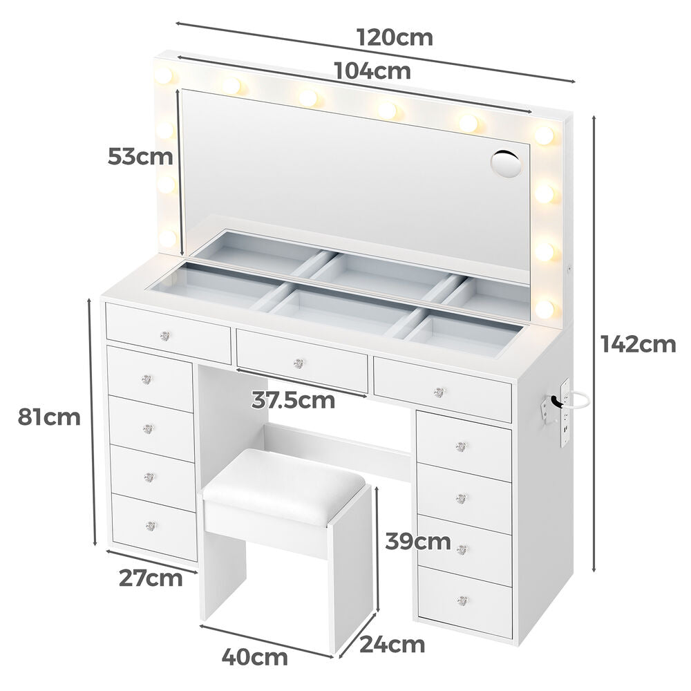 ALFORDSON Dressing Table Stool Set LED Vanity Desk Charging Station 11 Drawers