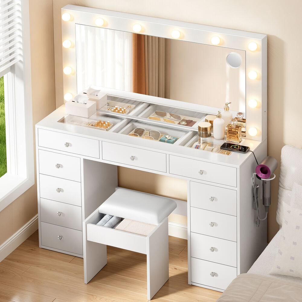 ALFORDSON Dressing Table Stool Set LED Vanity Desk Charging Station 11 Drawers