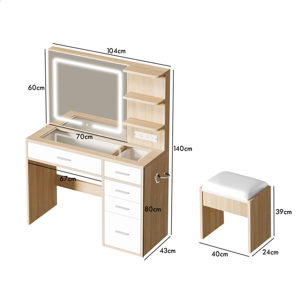 ALFORDSON Dressing Table Stool Set Makeup LED Vanity Desk Charging Station Wood