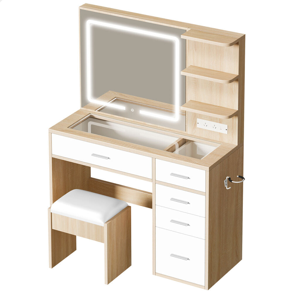 ALFORDSON Dressing Table Stool Set Makeup LED Vanity Desk Charging Station Wood