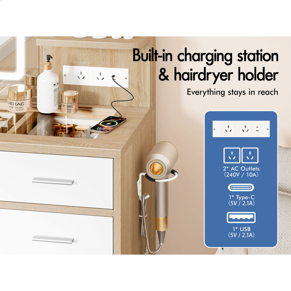 ALFORDSON Dressing Table Stool Set Makeup LED Vanity Desk Charging Station Wood