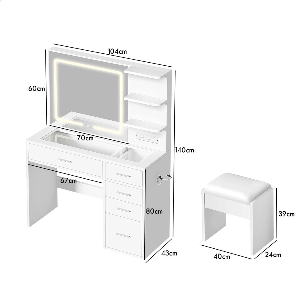 ALFORDSON Dressing Table Stool Set Makeup LED Vanity Desk Charging Station White