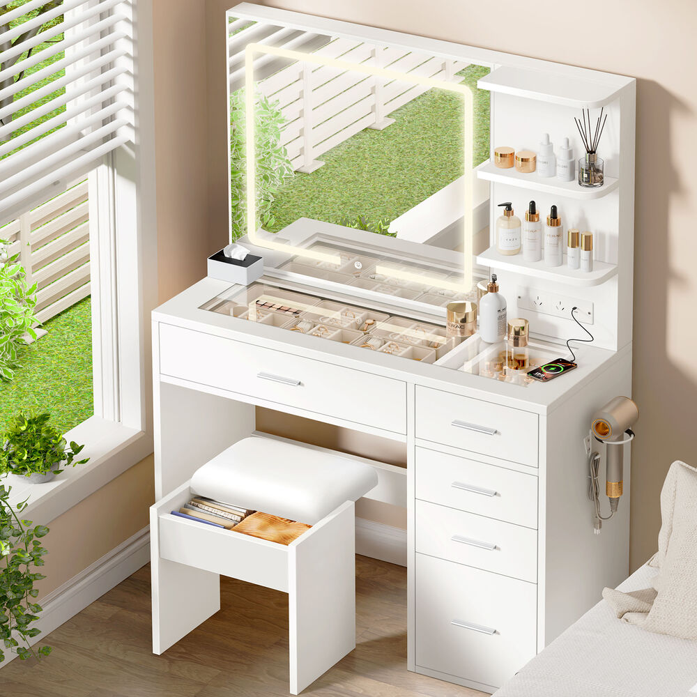 ALFORDSON Dressing Table Stool Set Makeup LED Vanity Desk Charging Station White