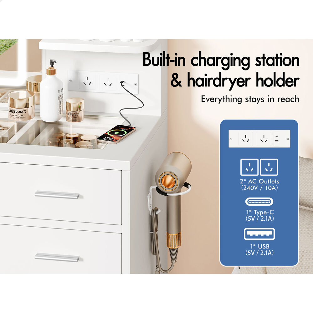 ALFORDSON Dressing Table Stool Set Makeup LED Vanity Desk Charging Station White
