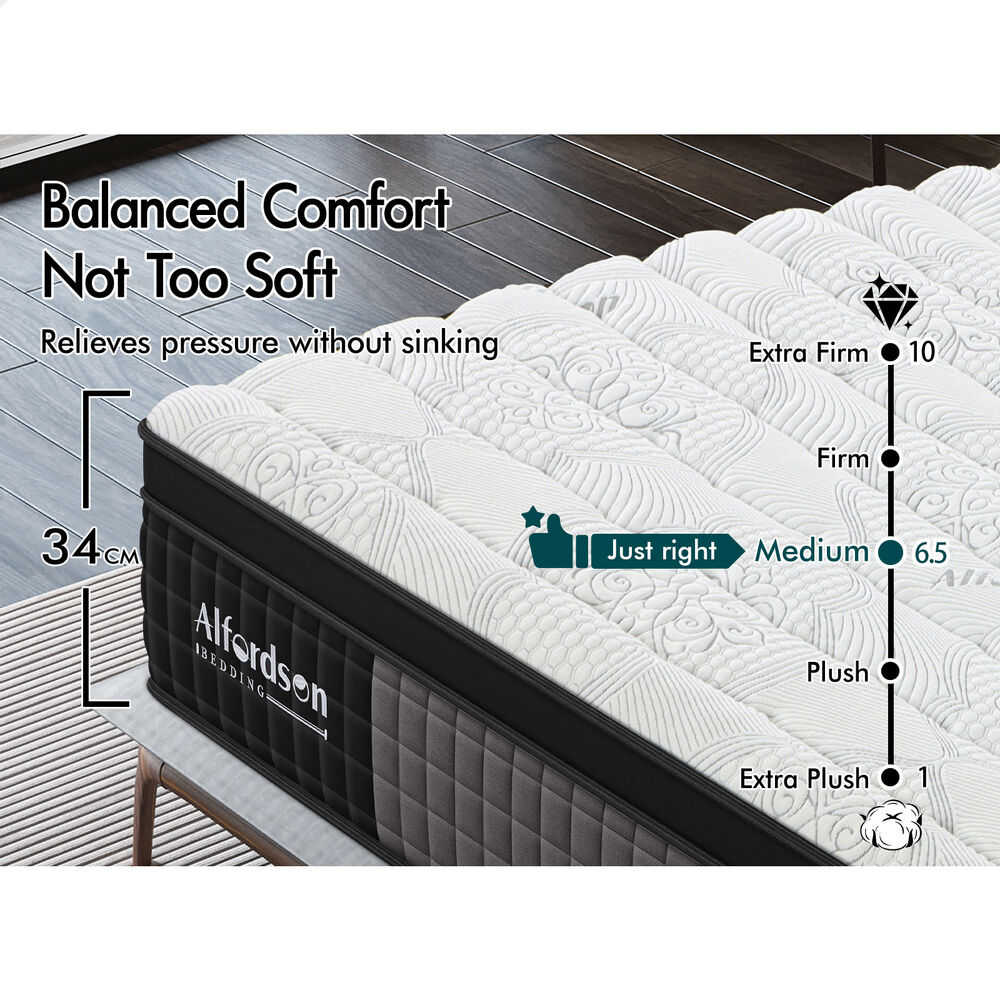 ALFORDSON Mattress 9 Zone Pocket Spring Queen Bed Euro Top Latex Foam 34cm