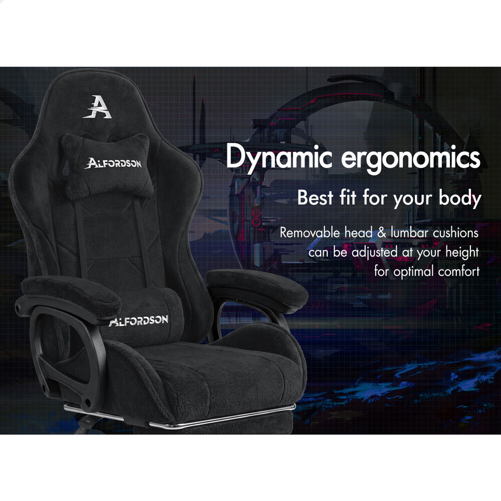 ALFORDSON Gaming Office Chair Racing Sherpa Fleece Seat Massage Lumbar Black