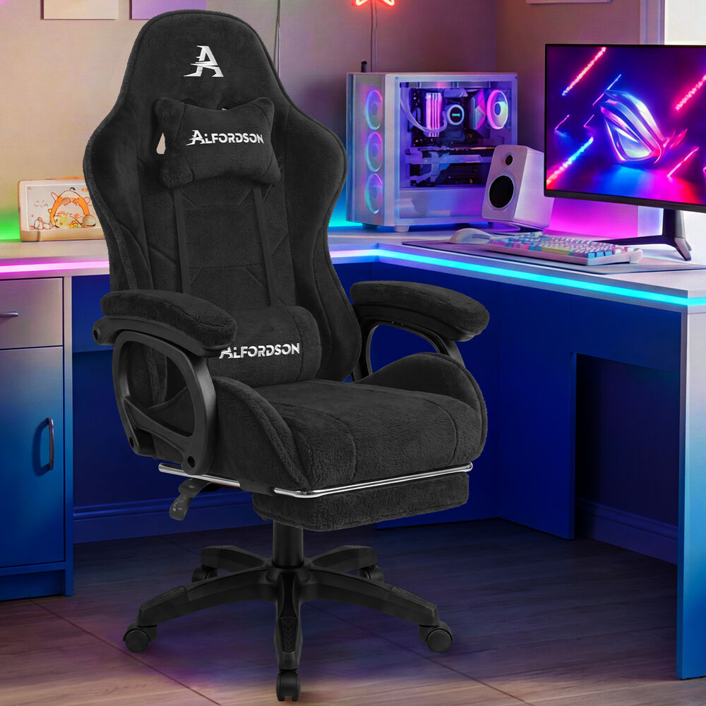 ALFORDSON Gaming Office Chair Racing Sherpa Fleece Seat Massage Lumbar Black