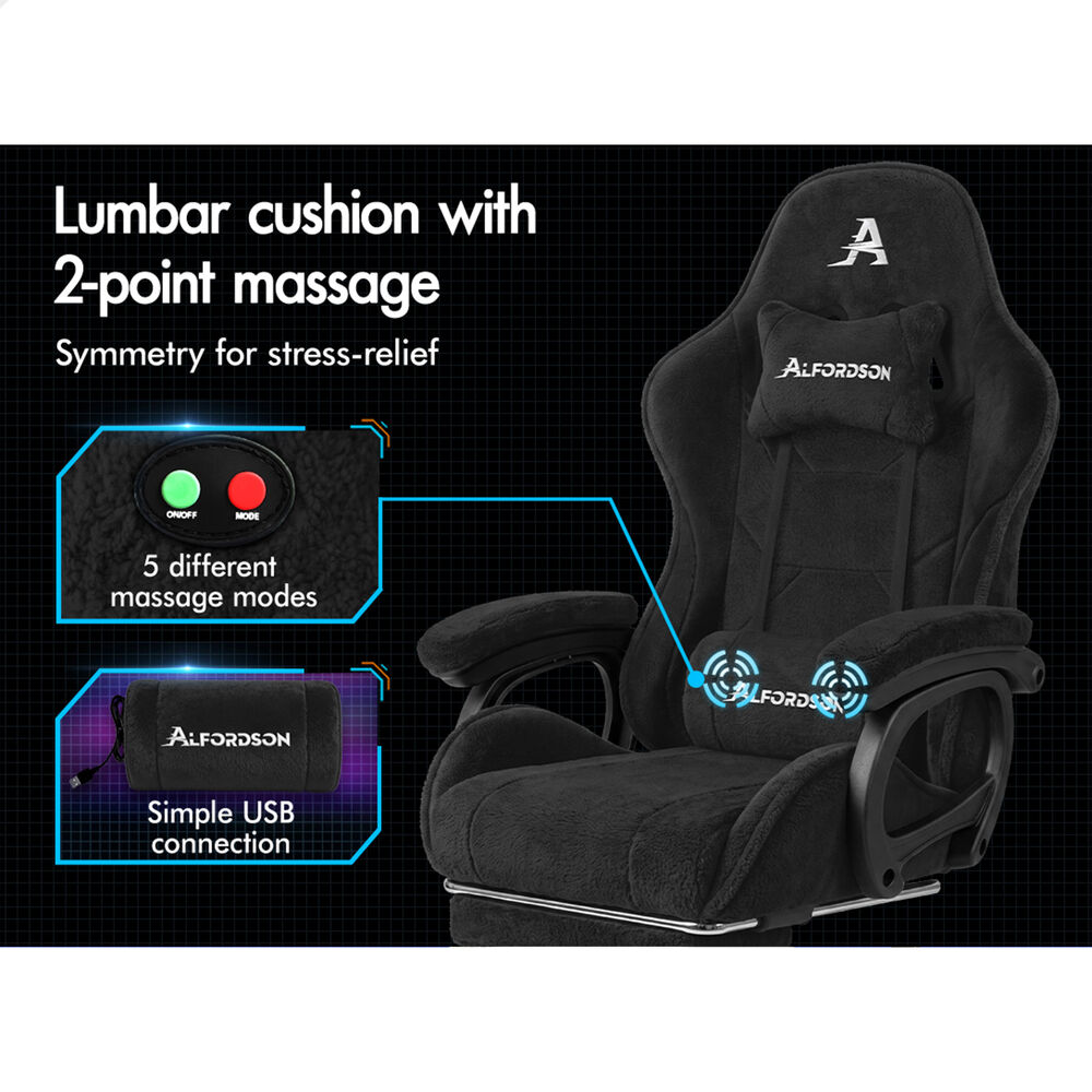 ALFORDSON Gaming Office Chair Racing Sherpa Fleece Seat Massage Lumbar Black