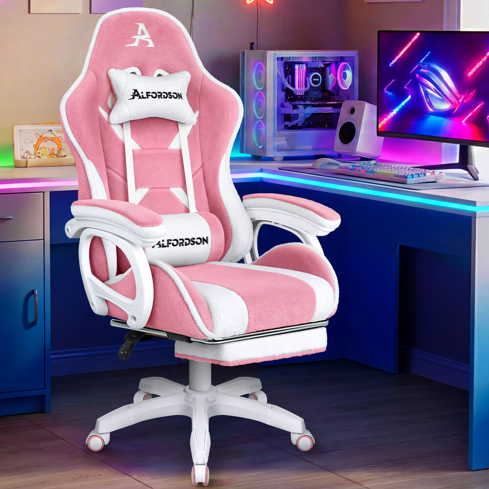 ALFORDSON Gaming Office Chair Racing Sherpa Fleece Seat Massage Lumbar Dark Pink