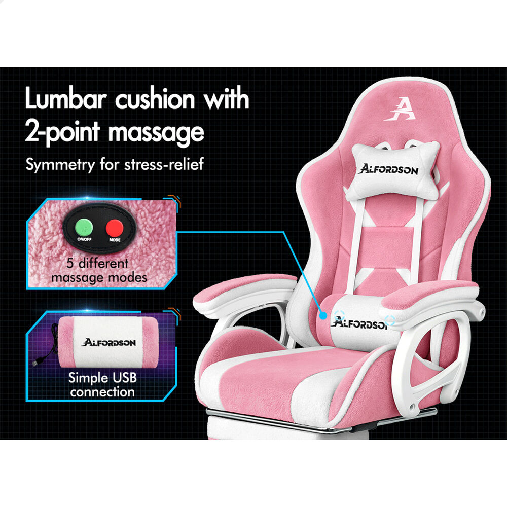 ALFORDSON Gaming Office Chair Racing Sherpa Fleece Seat Massage Lumbar Dark Pink