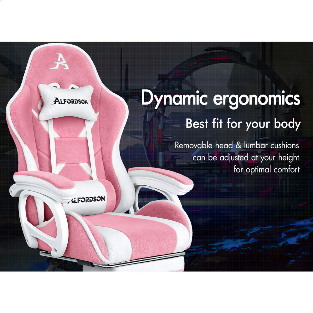 ALFORDSON Gaming Office Chair Racing Sherpa Fleece Seat Massage Lumbar Dark Pink