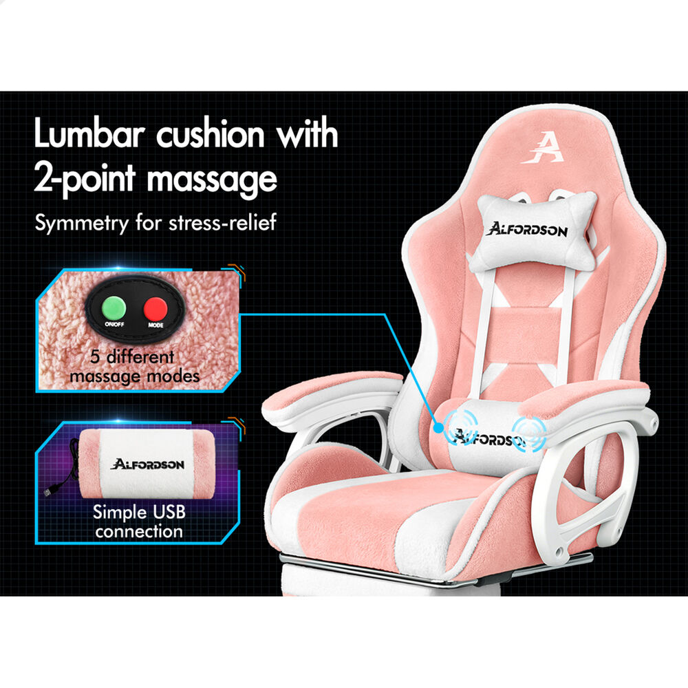 ALFORDSON Gaming Office Chair Racing Sherpa Fleece Seat Massage Lumbar Pink