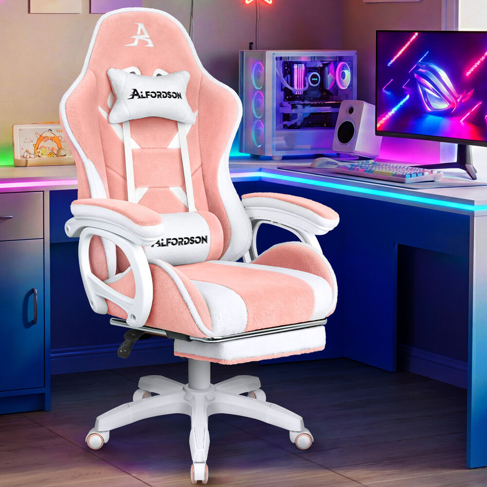 ALFORDSON Gaming Office Chair Racing Sherpa Fleece Seat Massage Lumbar Pink