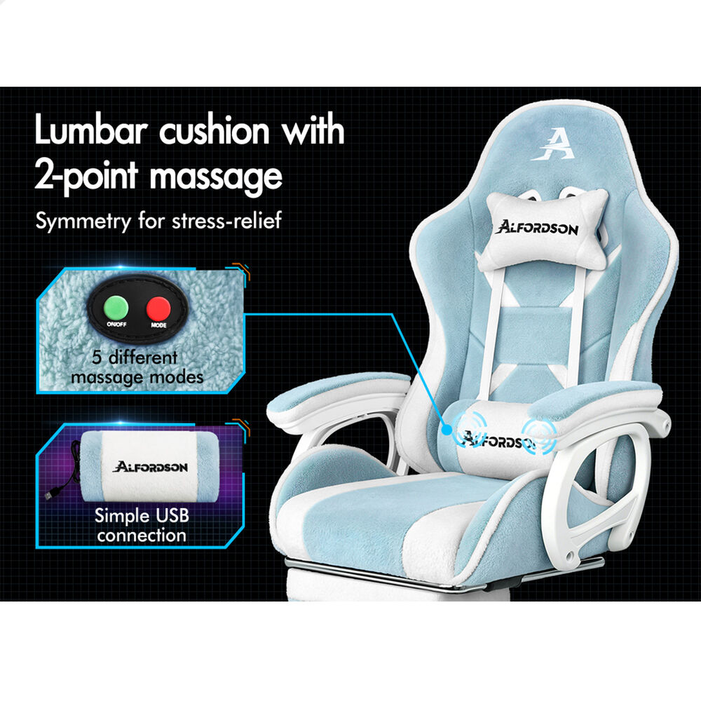 ALFORDSON Gaming Office Chair Racing Sherpa Fleece Seat Massage Blue & White