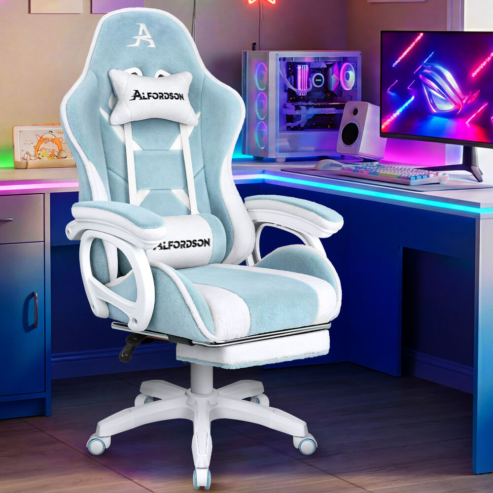 ALFORDSON Gaming Office Chair Racing Sherpa Fleece Seat Massage Blue & White