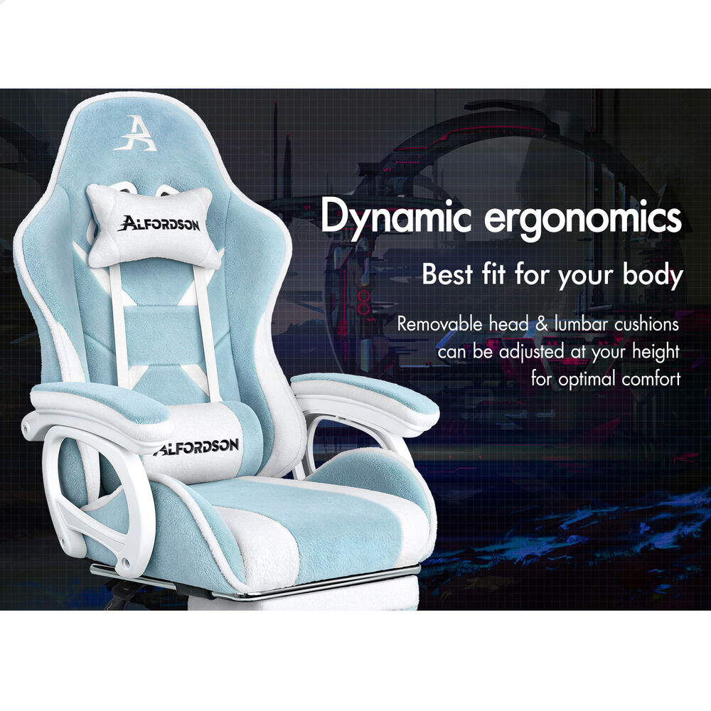 ALFORDSON Gaming Office Chair Racing Sherpa Fleece Seat Massage Blue & White