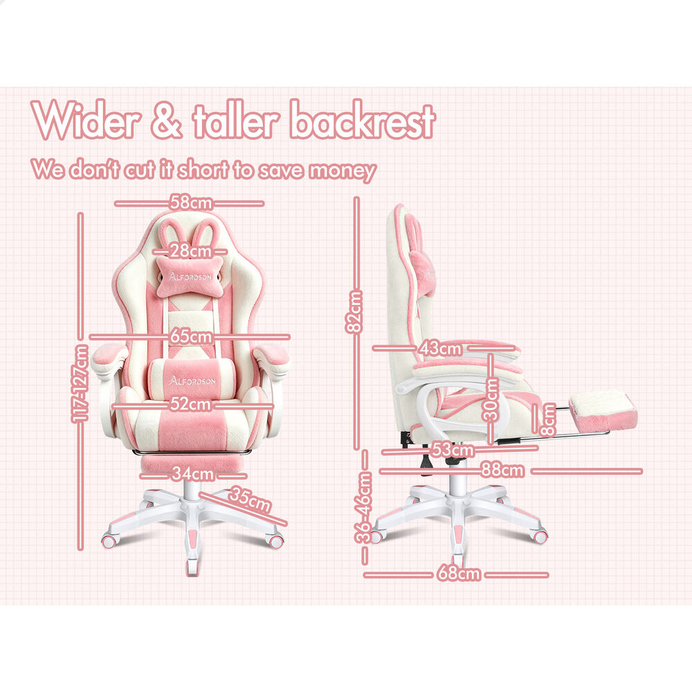 ALFORDSON Gaming Chair Rabbit Fur 2-Point Massage Lumbar Pillow Pink & White