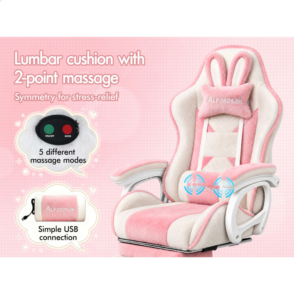 ALFORDSON Gaming Chair Rabbit Fur 2-Point Massage Lumbar Pillow Pink & White