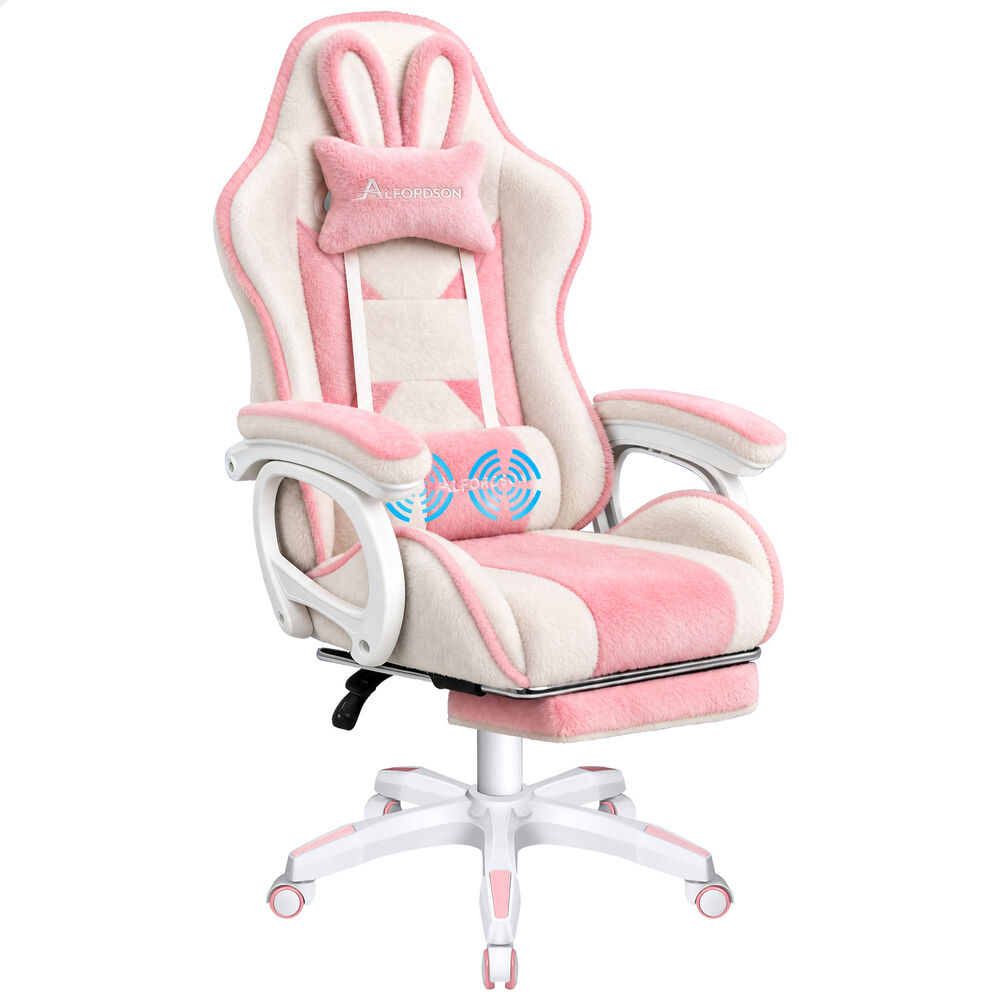 ALFORDSON Gaming Chair Rabbit Fur 2-Point Massage Lumbar Pillow Pink & White