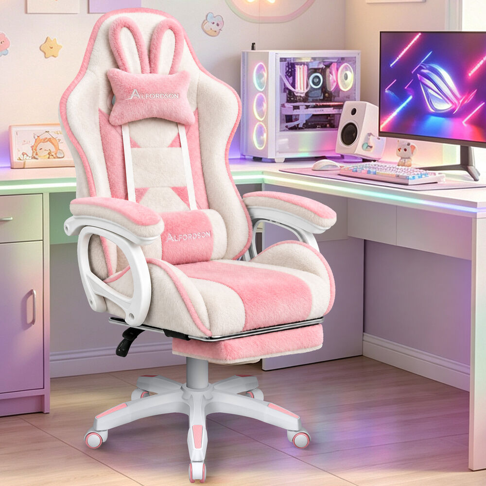 ALFORDSON Gaming Chair Rabbit Fur 2-Point Massage Lumbar Pillow Pink & White
