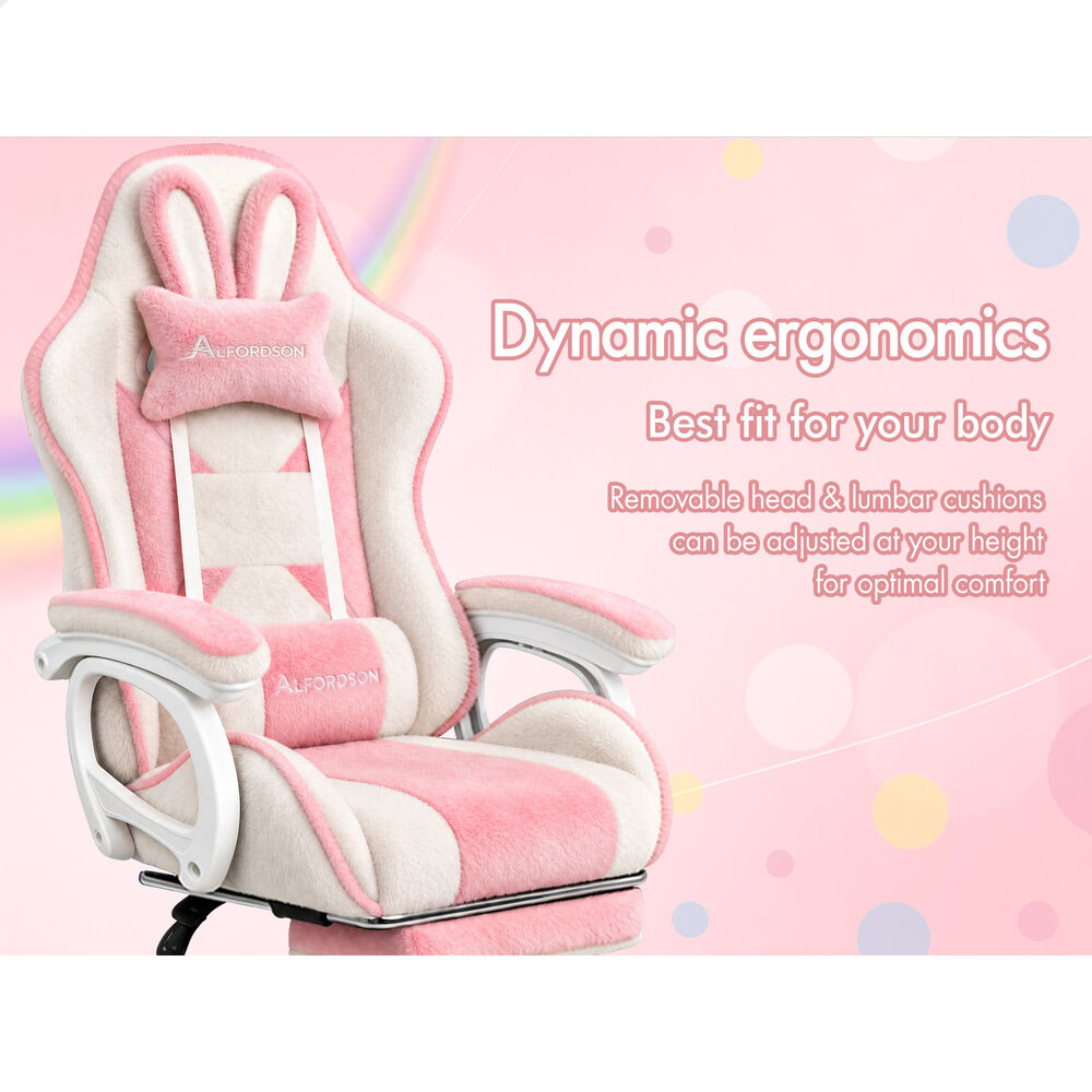 ALFORDSON Gaming Chair Rabbit Fur 2-Point Massage Lumbar Pillow Pink & White